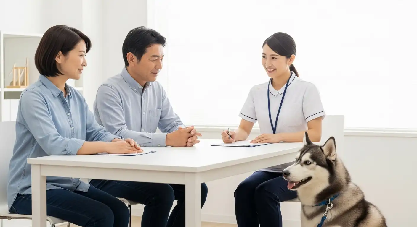 ペット相続士に相談する中年夫婦と犬