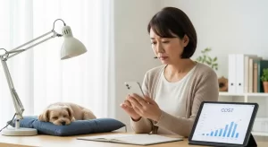 ペット信託の費用を心配する女性と犬