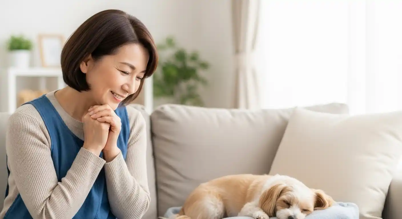 ソファでくつろぐ犬と安心した様子の女性
