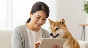 ラブポチ信託の評判を調べている女性と愛犬の柴犬