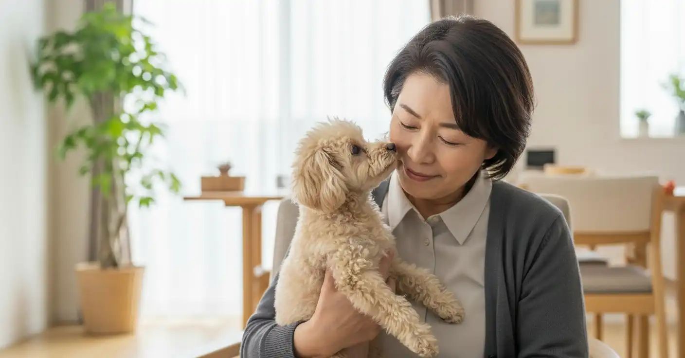 愛犬を抱きかかえるシニア女性