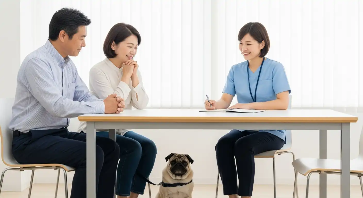 ペット相続士に相談する中年夫婦と犬