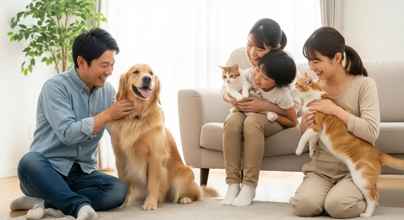 リビングでペットと遊ぶ家族