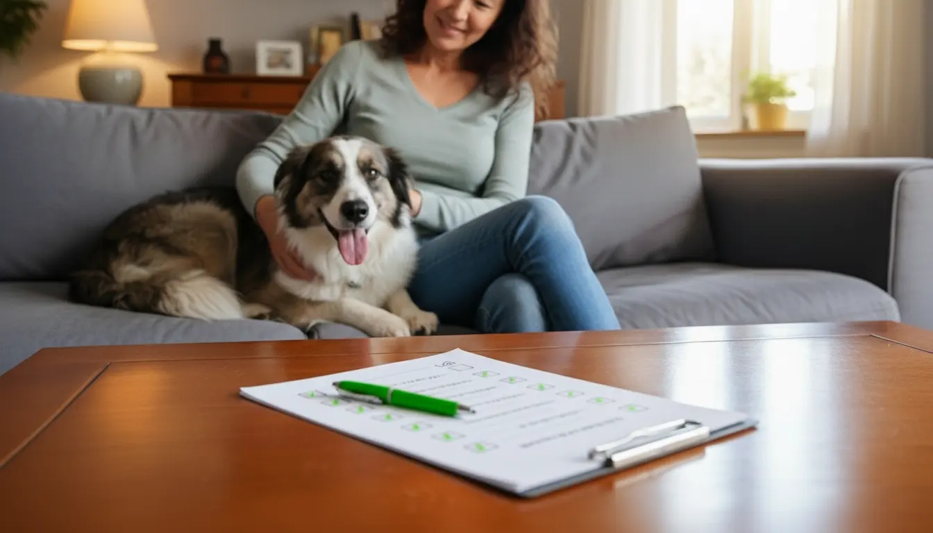 安心した表情の飼い主が愛犬を撫で、計画されたチェックリストが完了している様子