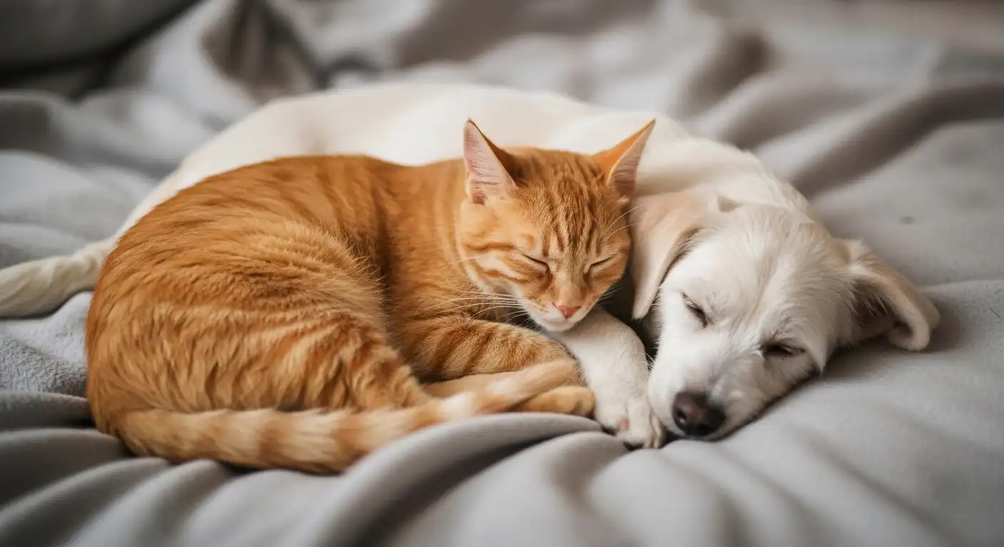 柔らかい毛布の上で平和に眠る犬と猫