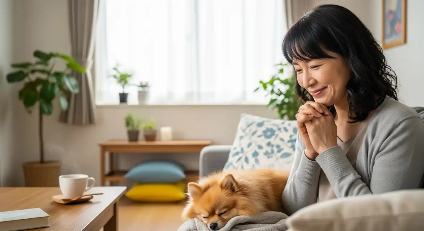 ソファでくつろぐ犬と安心した様子の女性