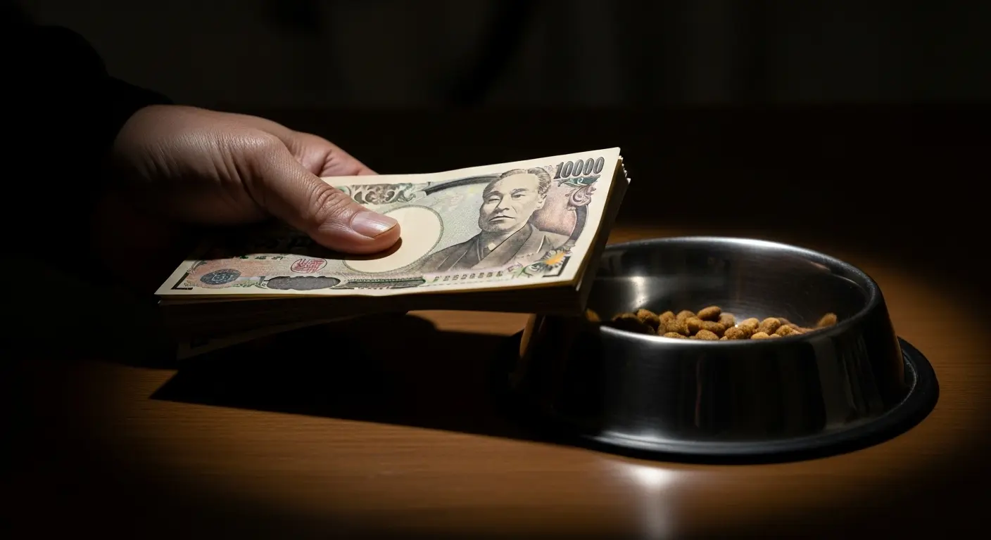 ペットの餌皿の横に置かれた多額の現金と手