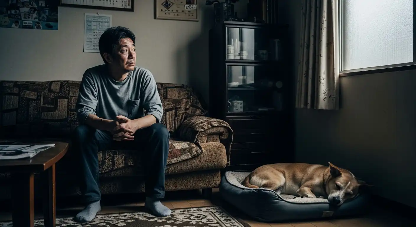 不安そうな表情で窓の外を見る男性と眠る犬