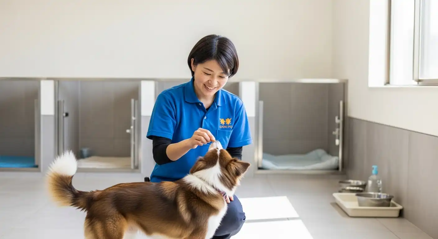 清潔な保護施設で、専門スタッフが動物を優しく抱きかかえて笑顔を見せている