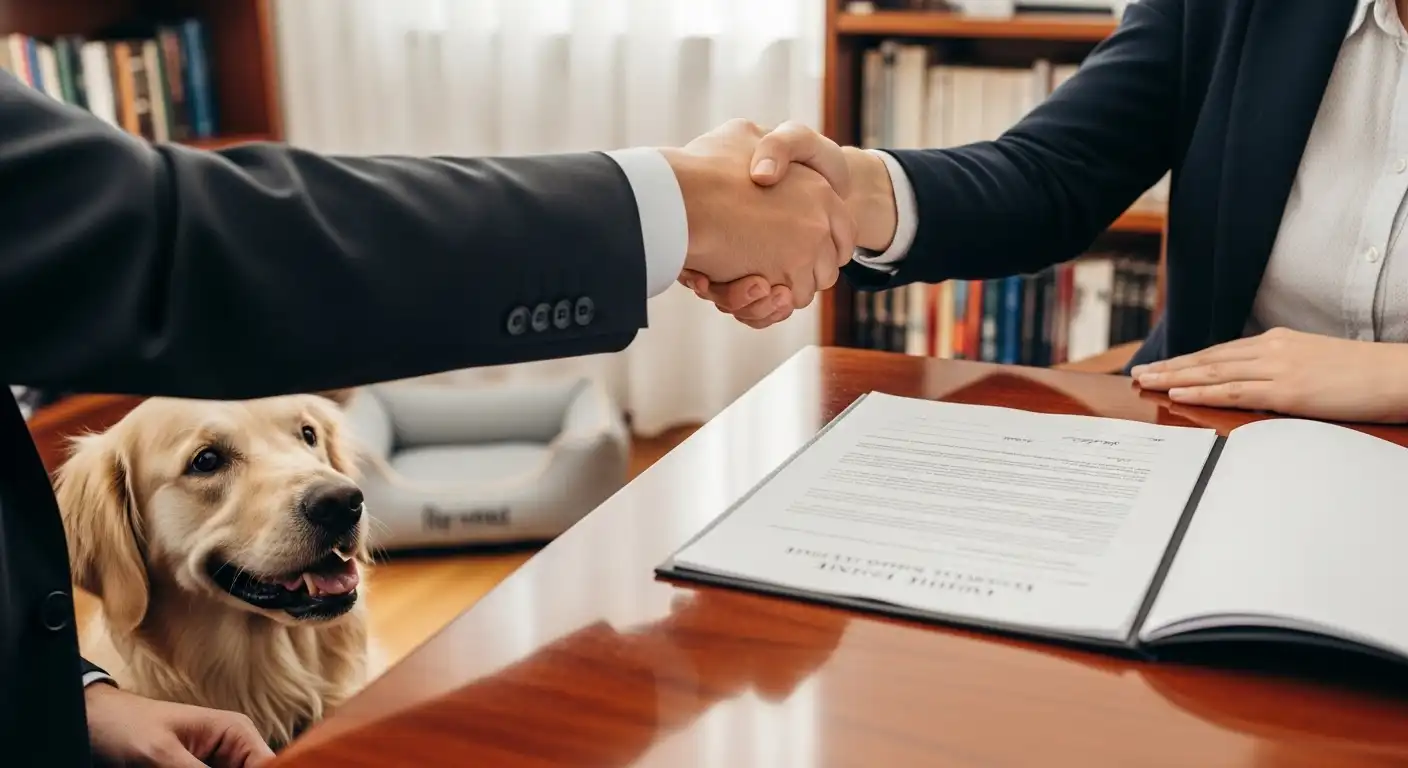 契約書の上に手を重ねて握手する二人と、その横にいる犬（引き取り契約の成立）