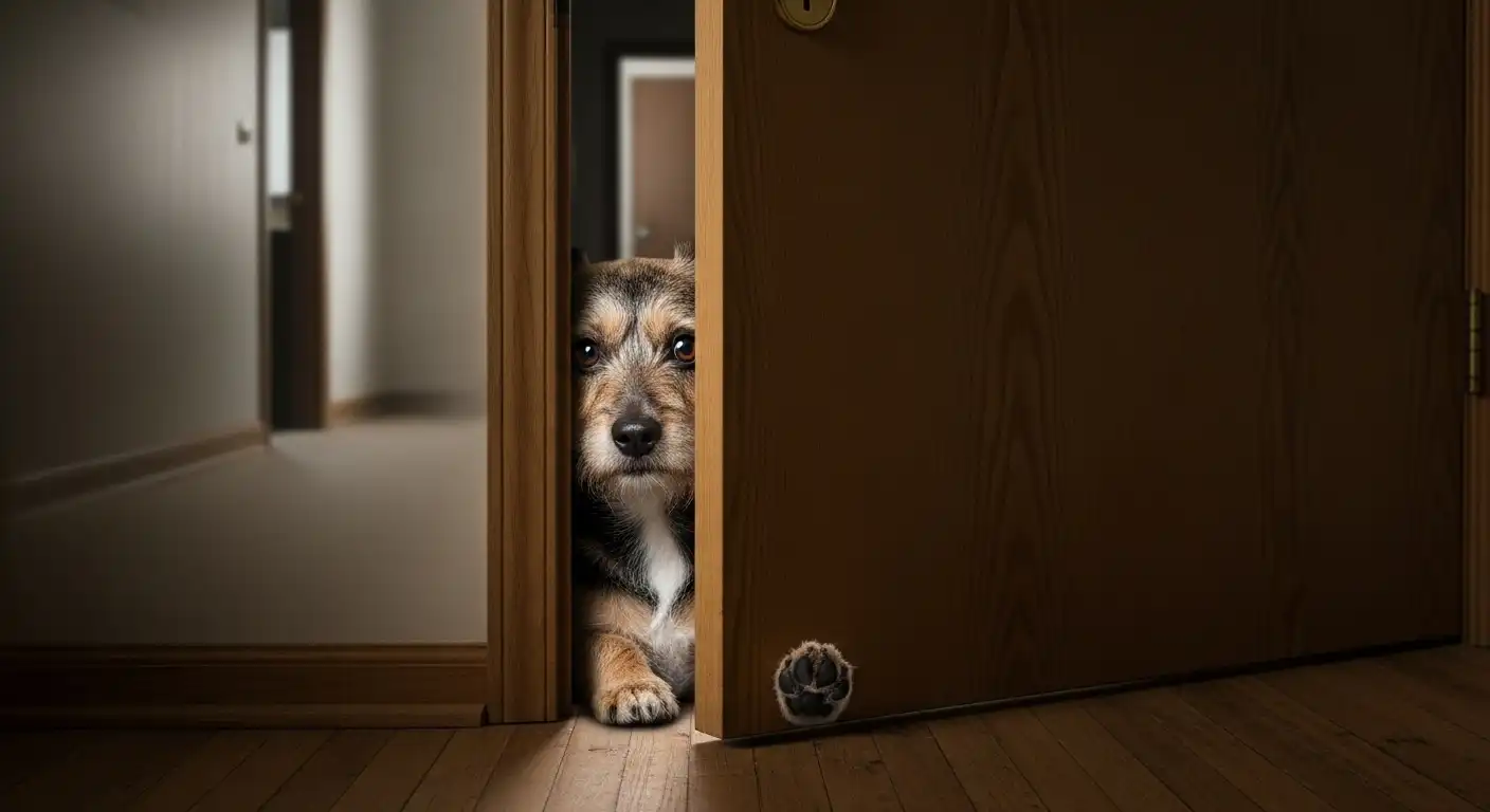 ドアの隙間から、寂しそうに外をのぞく小型犬