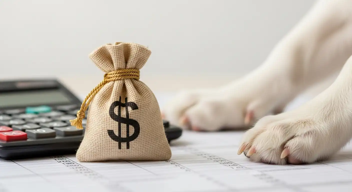 計算機の上に置かれたお金の袋と、その横にあるペットの足。