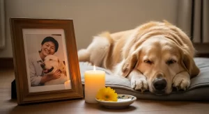 亡くなった飼い主の写真の横で静かに座っている犬と、灯されたろうそく