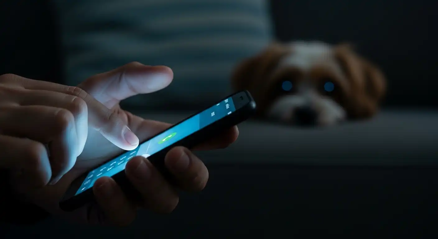 薄暗い部屋で、緊急連絡先に慌てて電話をかける手のクローズアップ