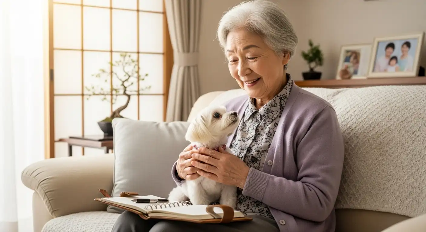 ソファに座って愛犬を優しく抱きかかえる高齢の女性