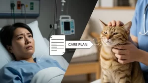 病院のベッドにいる飼い主と、新しい環境で世話をされている猫（緊急時の預かりのイメージ）