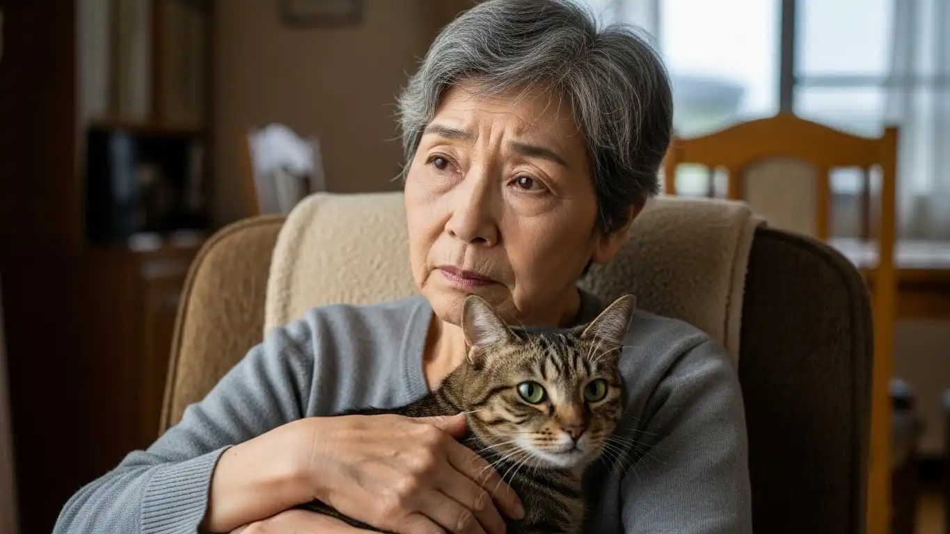 心配そうに愛猫を抱きしめる高齢の飼い主