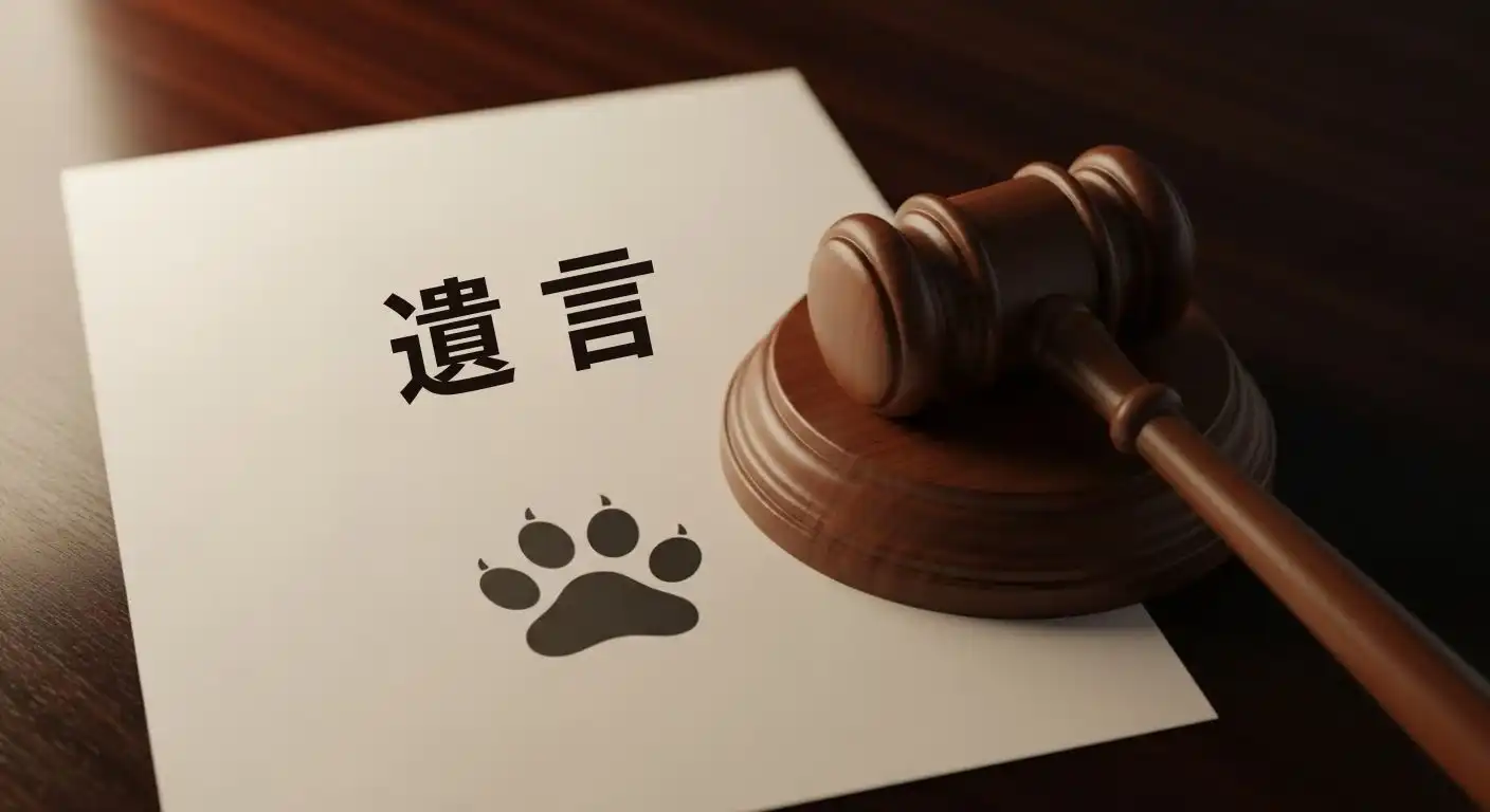 遺言書と裁判所の木槌（ガベル）。書類の上には犬の足跡のイラストがある。