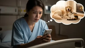 入院中に自宅のペットを心配する飼い主のイメージ