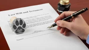 遺言書にサインする手の隣に押された犬の足跡のスタンプ（ペット遺言）