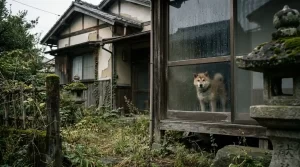 雑草が生い茂る空き家の窓から外を眺める、放置された犬の様子