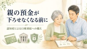 認知症による親の口座凍結に備え、母親と息子が預金管理を確認しているイラスト